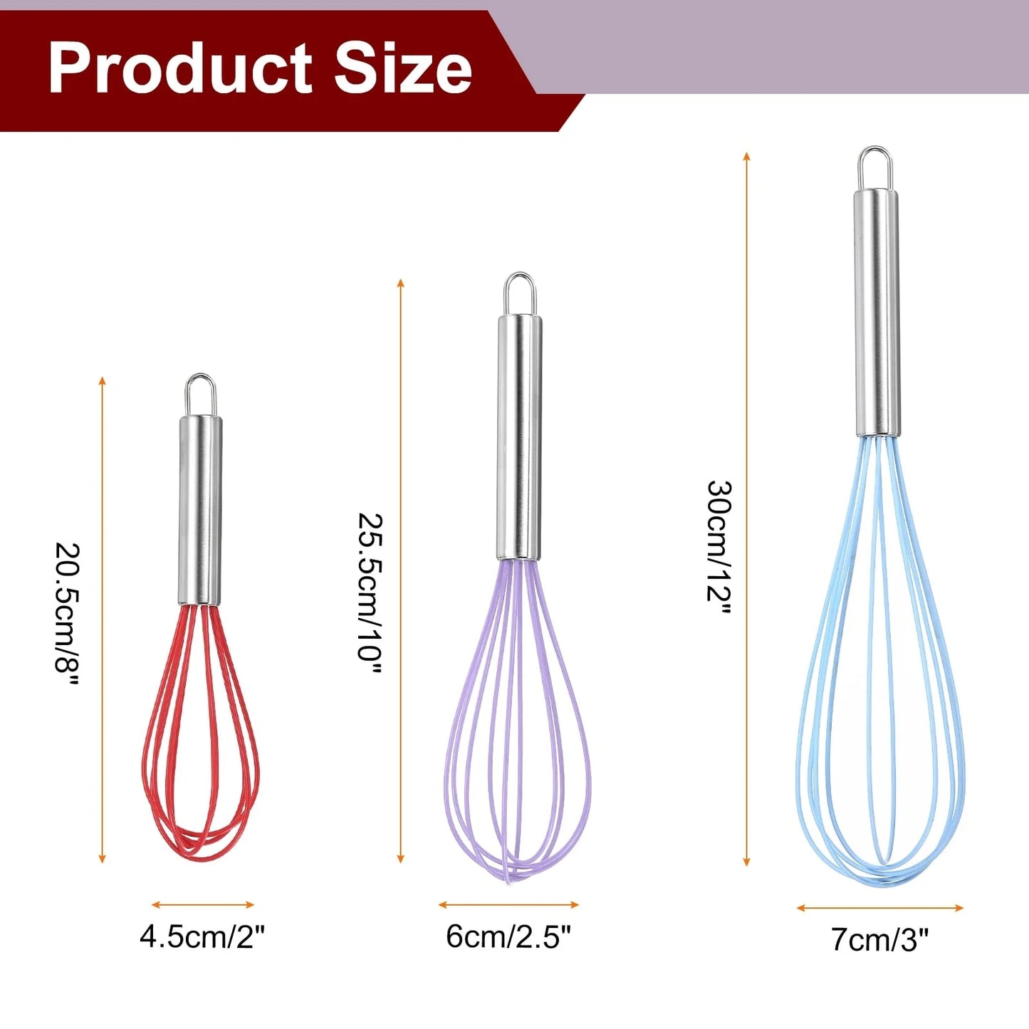 3Pcs Silicone Whisk 8" 10" 12" Kitchen Whisk Wire Whisks Beater