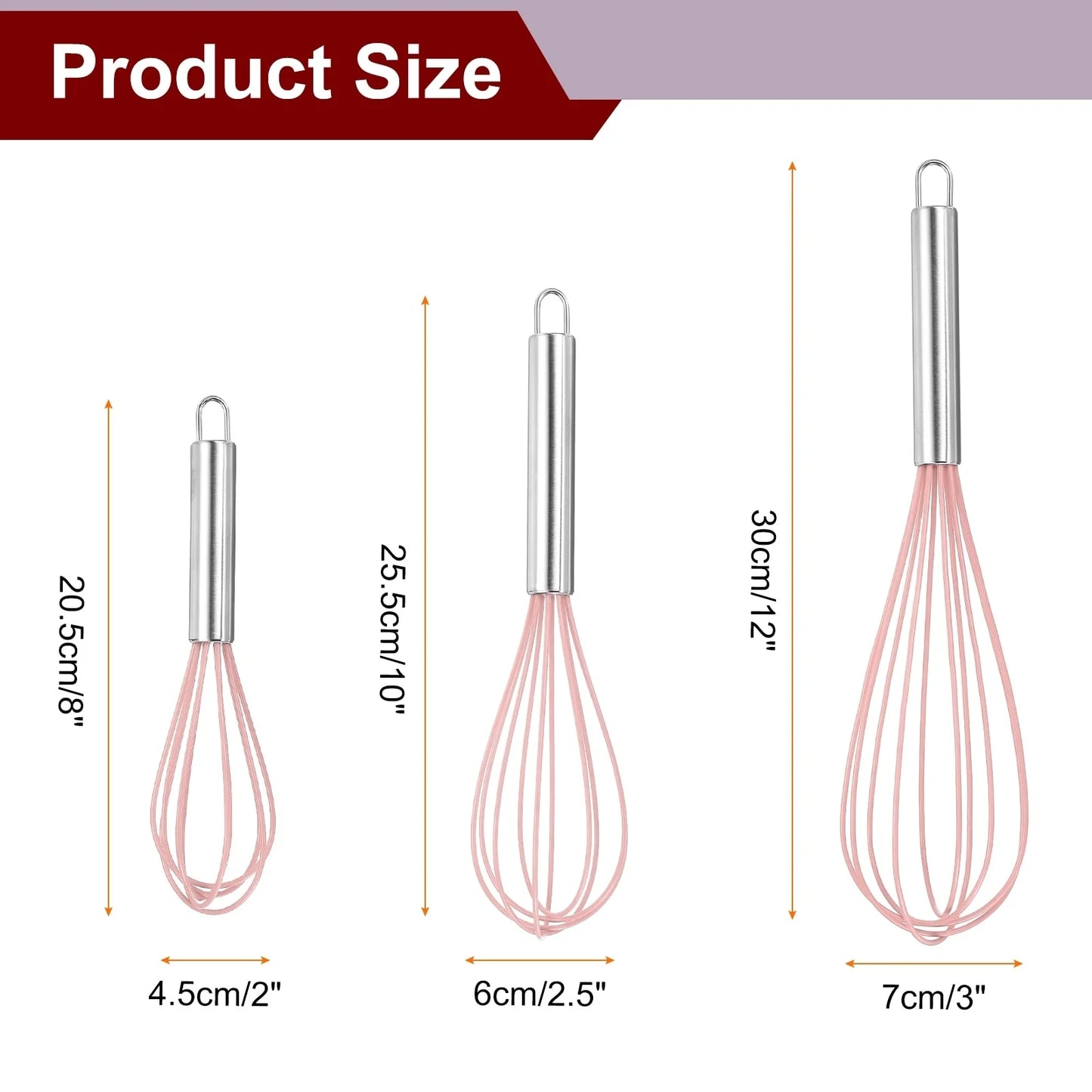 3Pcs Silicone Whisk 8" 10" 12" Kitchen Whisk Wire Whisks Beater