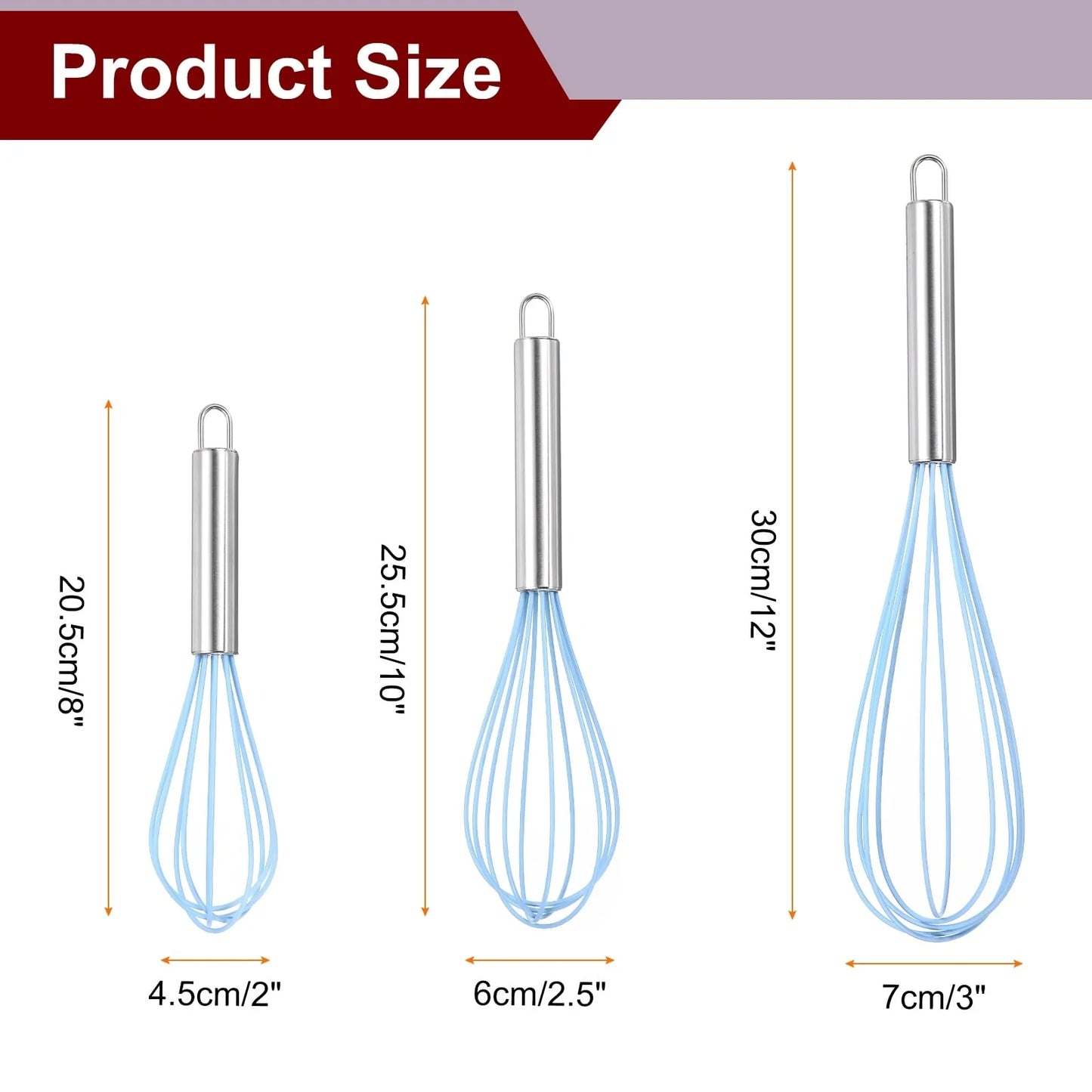 3Pcs Silicone Whisk 8" 10" 12" Kitchen Whisk Wire Whisks Beater