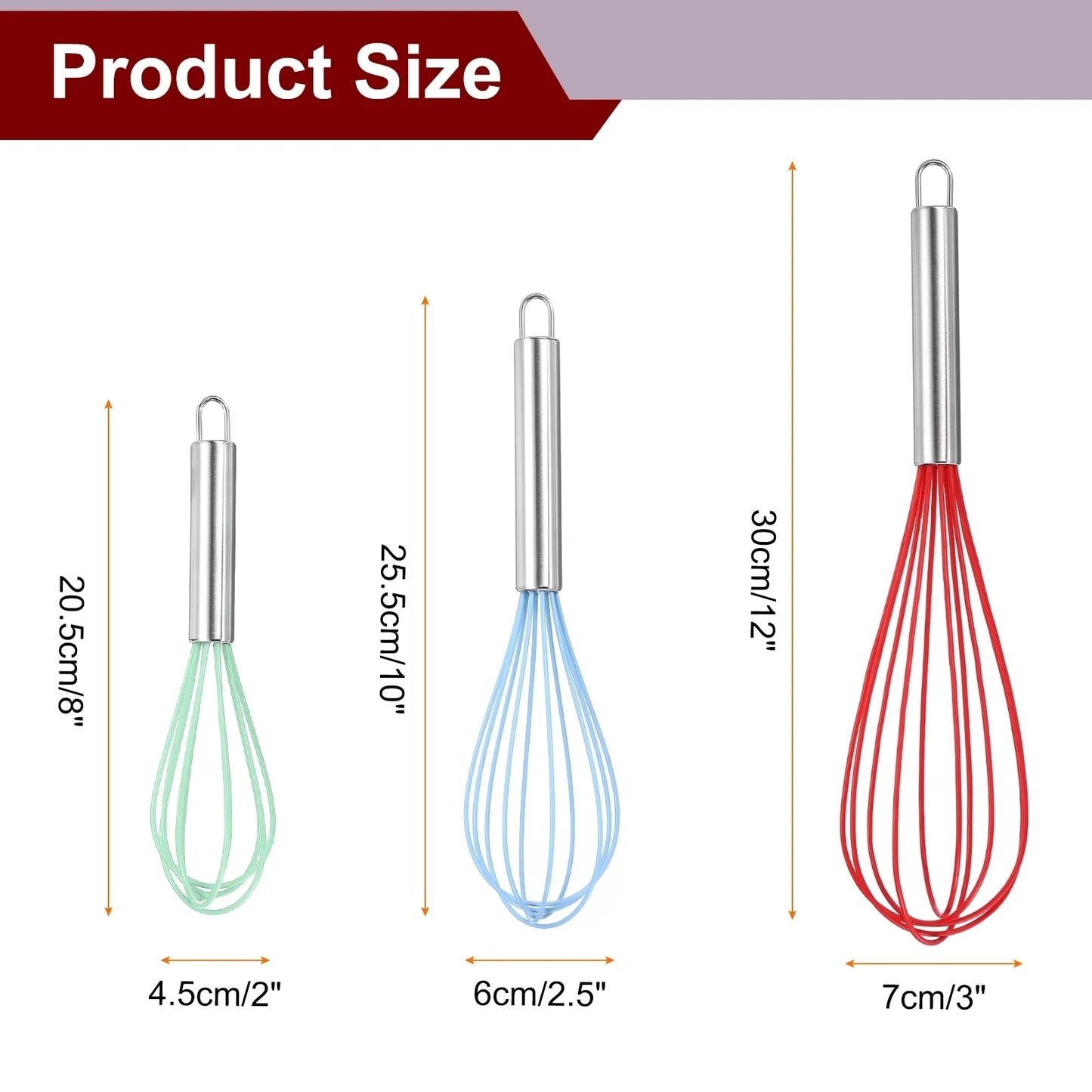 3Pcs Silicone Whisk 8" 10" 12" Kitchen Whisk Wire Whisks Beater