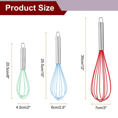 3Pcs Silicone Whisk 8" 10" 12" Kitchen Whisk Wire Whisks Beater