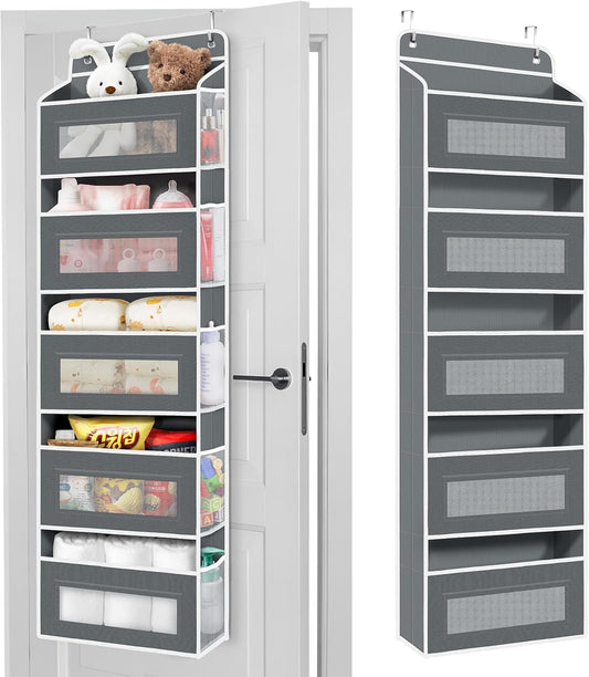 1 Pack 5-Tier Over the Door Organizer with 5 Large Side Pockets, 40lb Ultra Sturdy Large Capacity Behind the Door Storage, Stuffed Animal Storage for Pantry Bathroom Closet Baby Essentials(Grey)