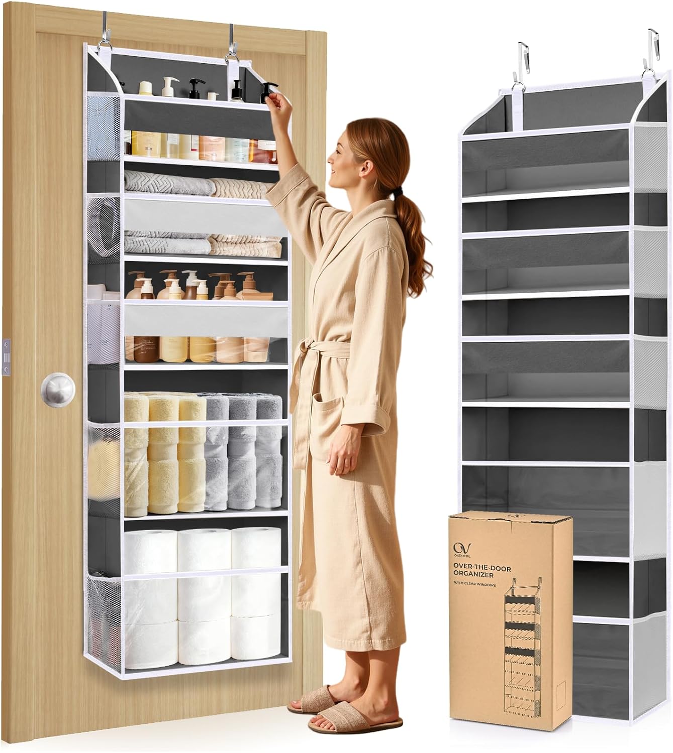 5 Tiers Over Door Organizer with 10 Mesh Side Pockets, 50 lbs Weight Capacity Hanging Storage Organizer with Clear Window Kids Toys, Shoes, Diapers, Beige