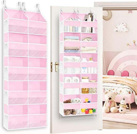Pink Over The Door Organizer 5 Tiers, Extra Large Behind Door Storage of 10 Compartments, 50 lbs Weight Capacity Over The Door Storage for Closet, Diaper Organizer