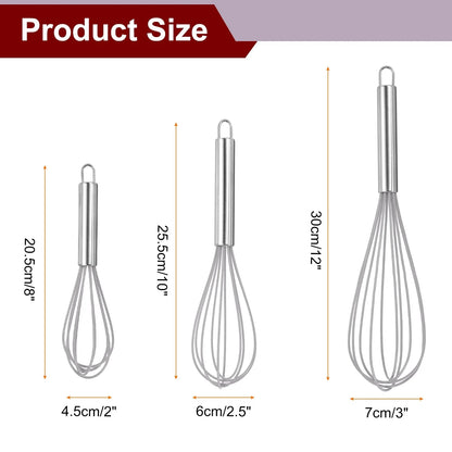 3Pcs Silicone Whisk 8" 10" 12" Kitchen Whisk Wire Whisks Beater