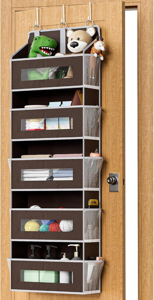 2 Packs 5-Tier Over the Door Organizer with 10 Side Mesh Pockets, 48 lbs Load Capacity, 3 Hooks Design, Hanging Storage Organizer with Clear Windows for Bathroom, Bedroom, Nursery, Kitchen-Grey