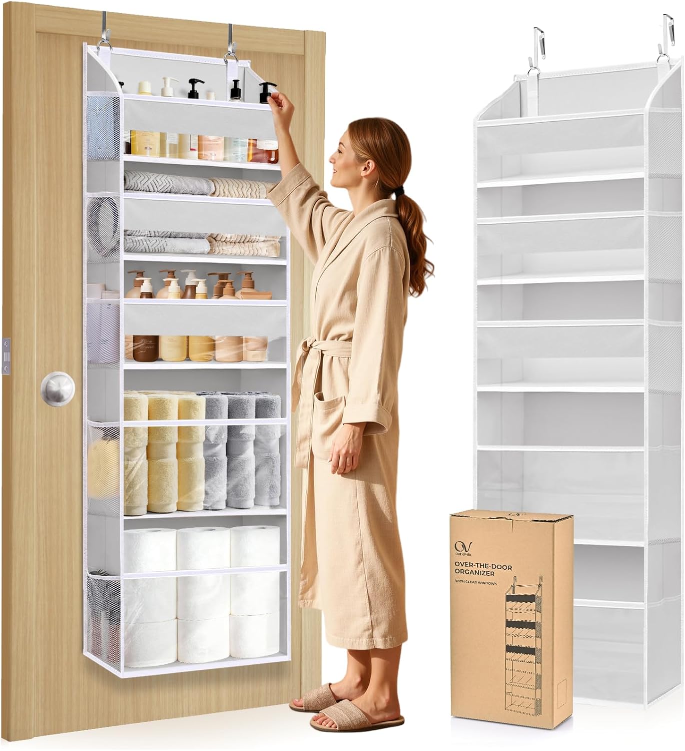 5 Tiers Over Door Organizer with 10 Mesh Side Pockets, 50 lbs Weight Capacity Hanging Storage Organizer with Clear Window Kids Toys, Shoes, Diapers, Beige